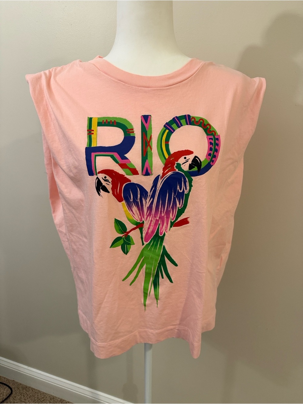 FARM Rio Light Pink Sleeveless Tank with Colorful Parrot Motif